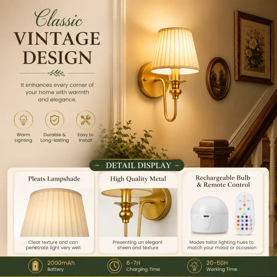 A vintage-style wall sconce lamp shown installed in a warmly lit home interior, with promotional text and detail callouts about pleated shade, gold-toned metal, and rechargeable remote control.