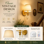 A vintage-style wall sconce lamp shown installed in a warmly lit home interior, with promotional text and detail callouts about pleated shade, gold-toned metal, and rechargeable remote control.