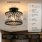 A semi-flush mount crystal pendant light fixture with black metal framing and warm white LED lighting, shown with dimension callouts and feature information on a beige interior wall background.