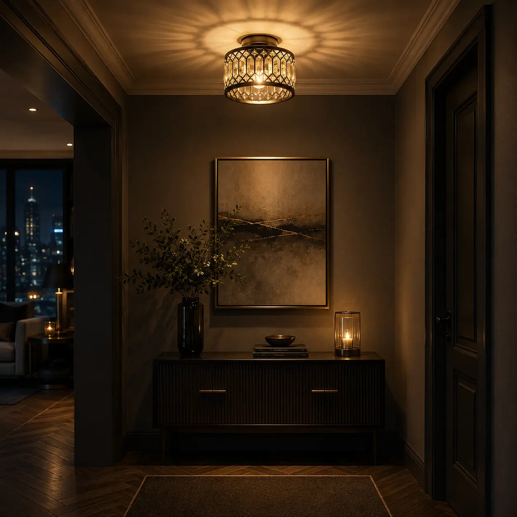 A warm, atmospheric hallway scene featuring a decorative cylindrical ceiling light with a black metal cage and warm yellow light, mounted above a dark wood console table with a framed abstract painting and a lit candle.