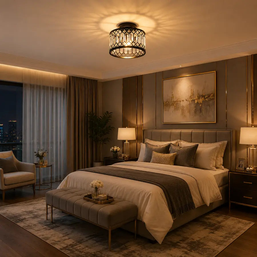 A modern bedroom featuring a decorative black metal ceiling light with a glowing warm light, styled with beige and brown bedding, a matching upholstered bench, and a city view window in the background.