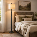 Farmhouse floor lamp with linen fabric shade, LED bulb included, modern standing lamp for living room, bedroom and home office