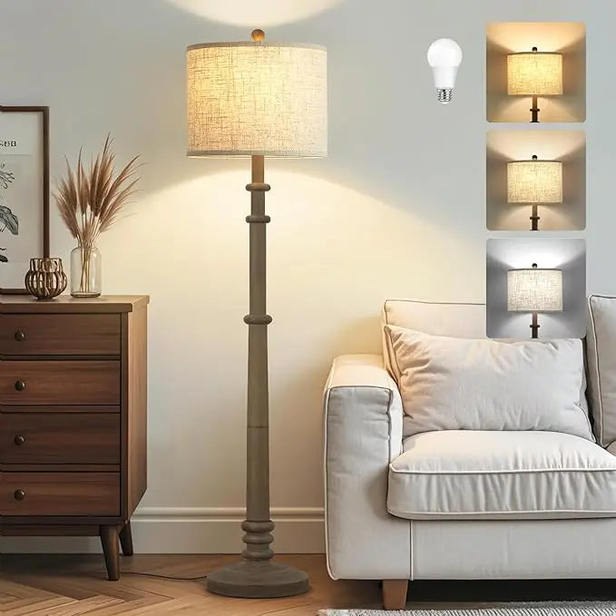 Farmhouse floor lamp with linen fabric shade, LED bulb included, modern standing lamp for living room, bedroom and home office