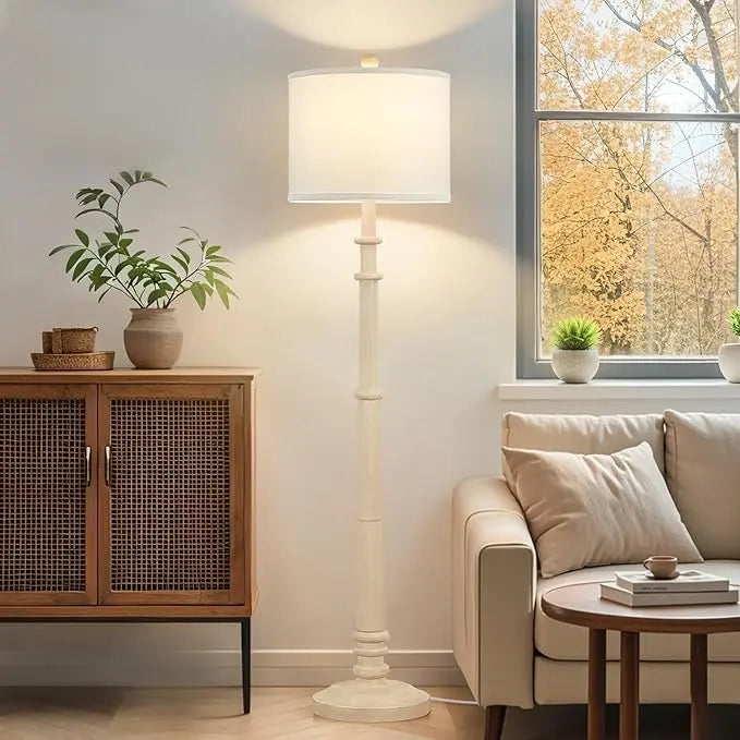 Farmhouse floor lamp with linen fabric shade, LED bulb included, modern standing lamp for living room, bedroom and home office