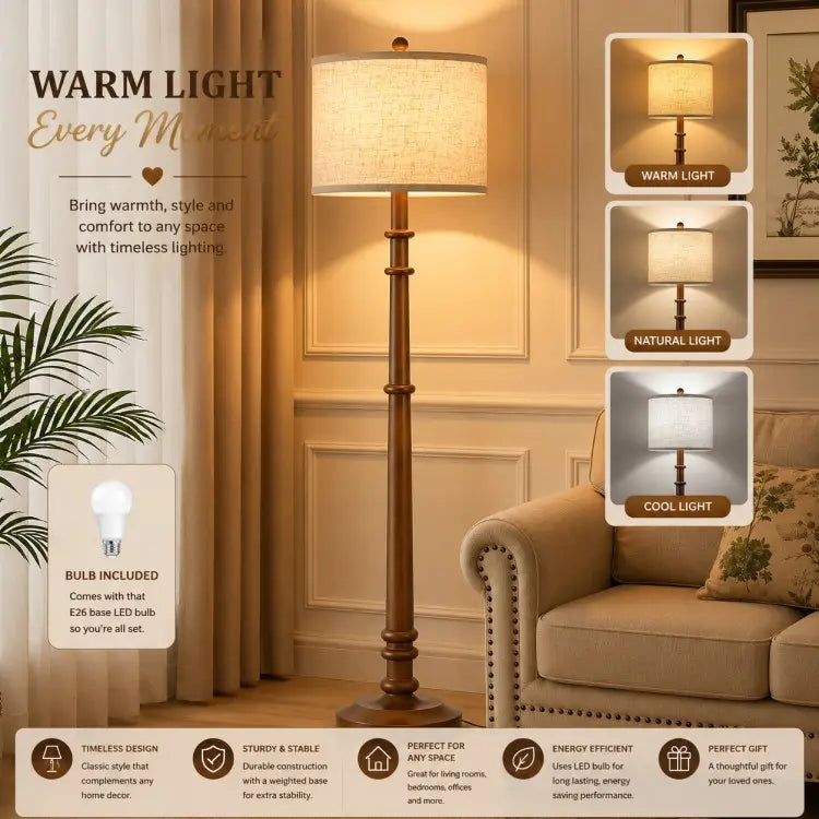 Farmhouse floor lamp with linen fabric shade, LED bulb included, modern standing lamp for living room, bedroom and home office