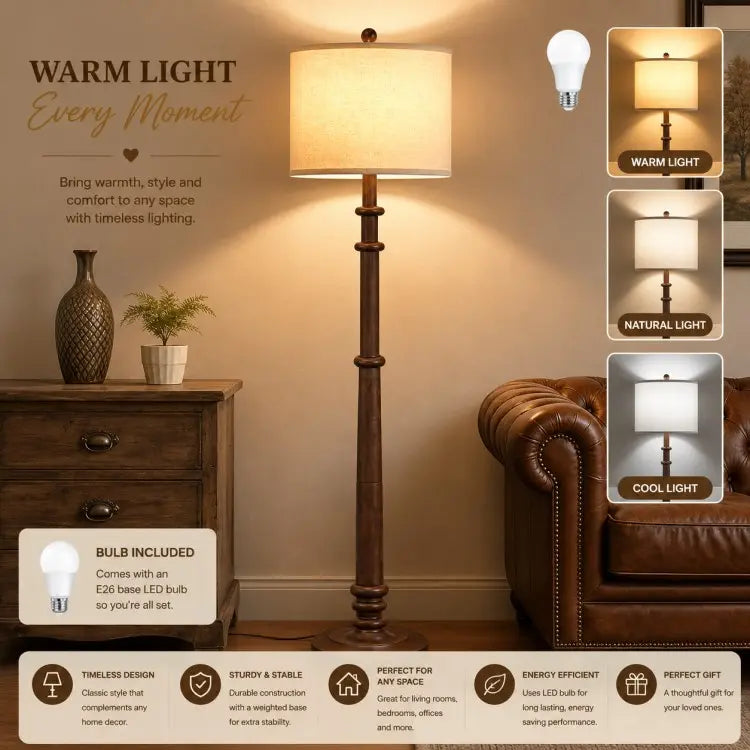 Farmhouse floor lamp with linen fabric shade, LED bulb included, modern standing lamp for living room, bedroom and home office