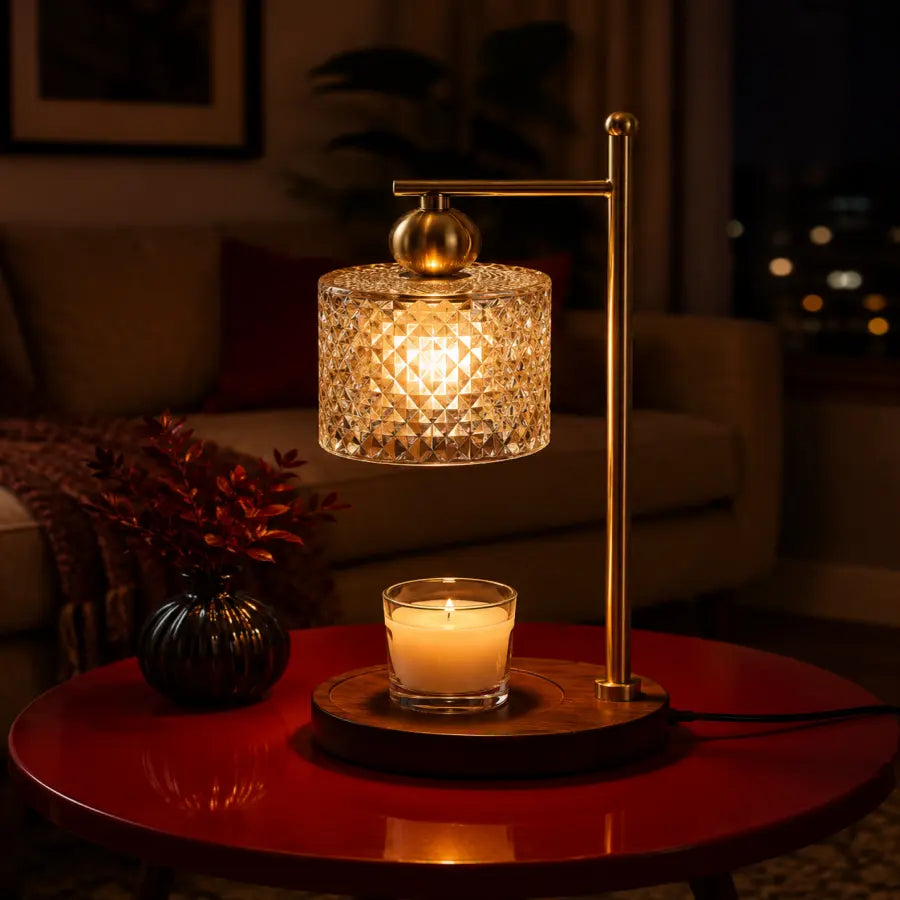 A table lamp with a warm brass-colored metal frame and a faceted clear glass shade glowing with a yellow light, placed on a round red table in a dimly lit living room. A lit candle in a glass holder sits on the table base, with a dark vase and sofa blurred in the background.