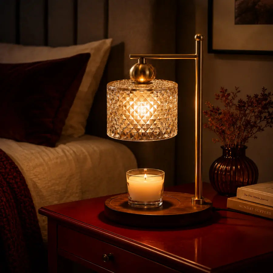 A lit table lamp with a faceted crystal-textured shade and a warm brass-colored stand, placed on a wooden nightstand beside a candle, books, and a vase in a dimly lit bedroom setting.
