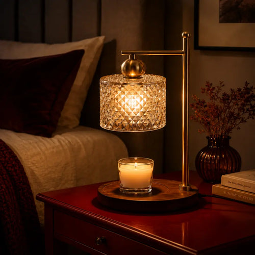A lit table lamp with a faceted crystal-textured shade and a warm brass-colored stand, placed on a wooden nightstand beside a candle, books, and a vase in a dimly lit bedroom setting.