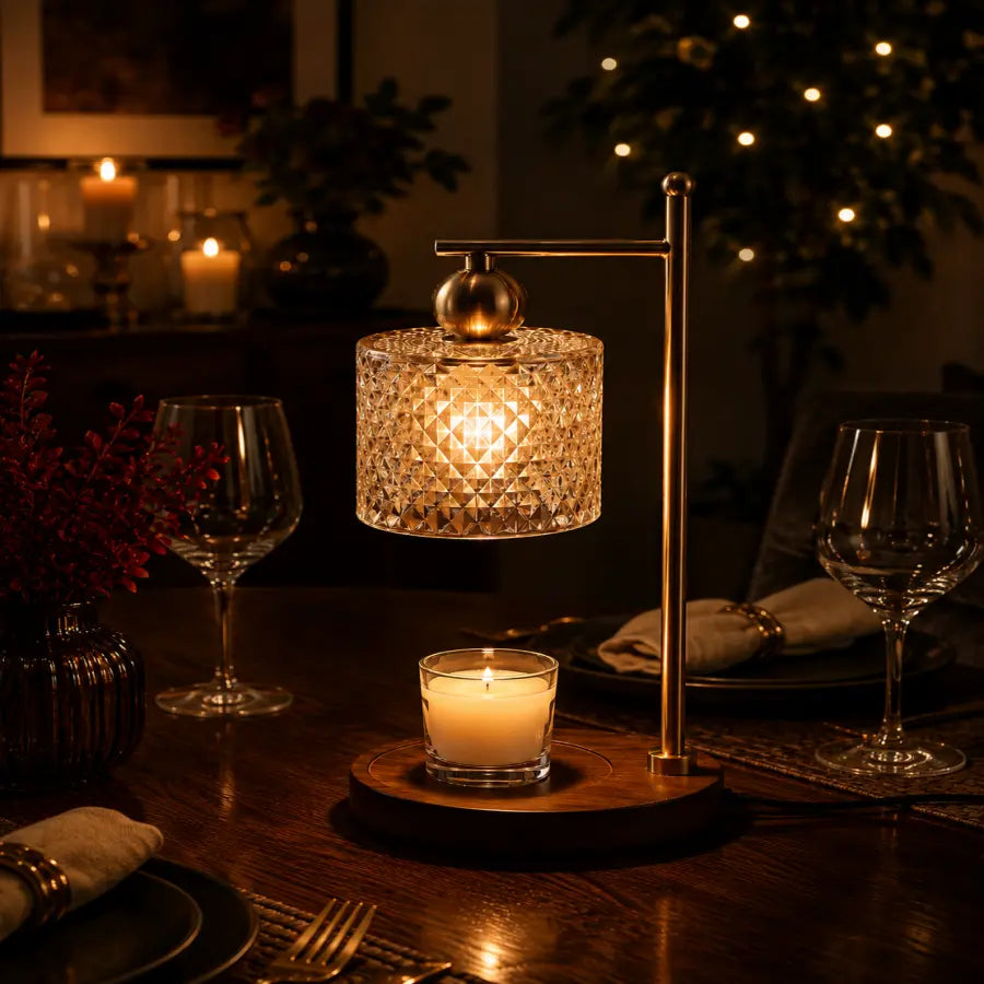 A lit table lamp with a faceted crystal-textured cylindrical shade and a warm brass-colored stand, placed on a dark wooden dining table with candles, wine glasses, plates, and blurred holiday lights in the background.