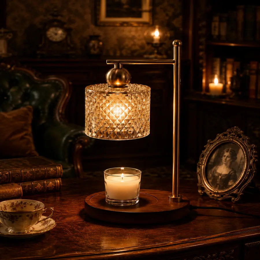 A vintage-style brass table lamp with a faceted crystal drum shade and a curved brass arm, shown lit on a wooden table in a dark, antique room. A small lit candle sits below the lamp, with a teacup and a framed portrait in the background.
