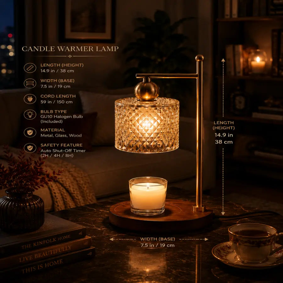 A candle warmer lamp with a brass-toned metal stand and a textured clear glass shade, shown lit on a dark tabletop with a small candle underneath. White measurement text and arrows overlay the left and right sides of the lamp, and product feature text appears on the left.