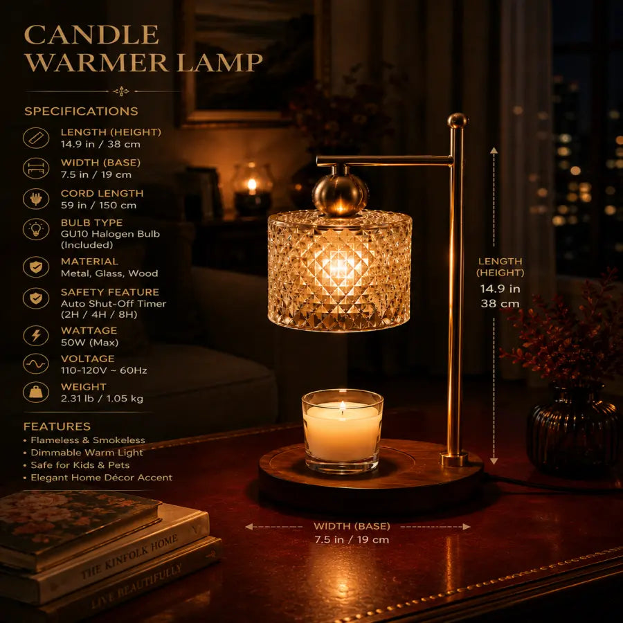 A candle warmer lamp with a lit candle in a clear glass holder, set on a round wooden base under a gold-toned metal frame with a textured glass shade. The scene is styled in a warm, dimly lit interior with overlaid product specifications and dimensions on the left and right sides.