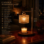 A candle warmer lamp with a lit candle in a clear glass holder, set on a round wooden base under a gold-toned metal frame with a textured glass shade. The scene is styled in a warm, dimly lit interior with overlaid product specifications and dimensions on the left and right sides.
