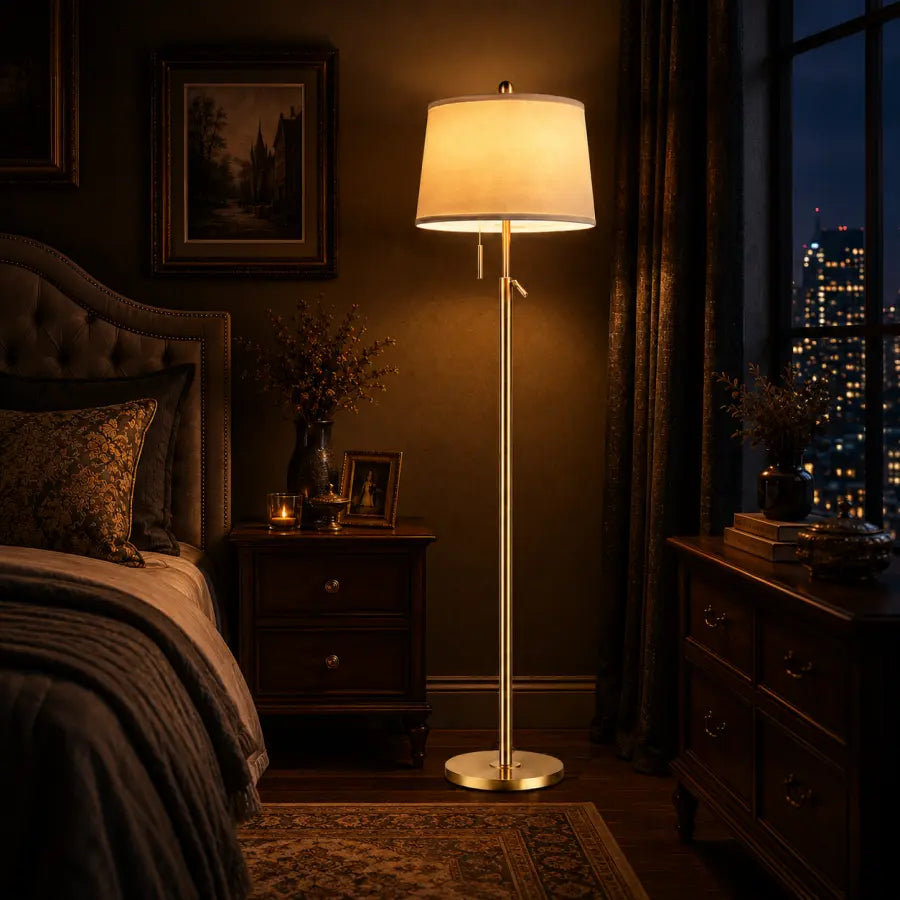 A tall floor lamp with a warm glowing cream fabric shade and a slim brushed metal stand, placed in a dark, elegantly furnished bedroom next to a bed and nightstand.