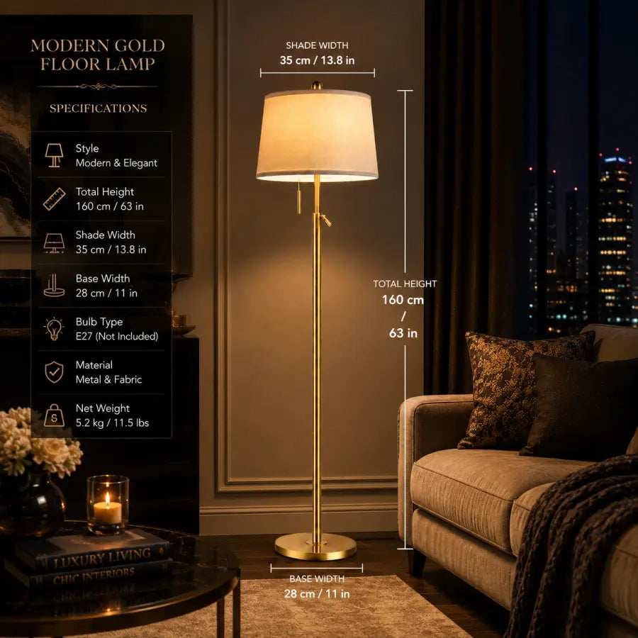 A modern gold floor lamp with a cylindrical shade and round base, shown lit in a furnished living room. White measurement overlays indicate shade width 35 cm, total height 160 cm, and base width 28 cm, with a black spec panel on the left.