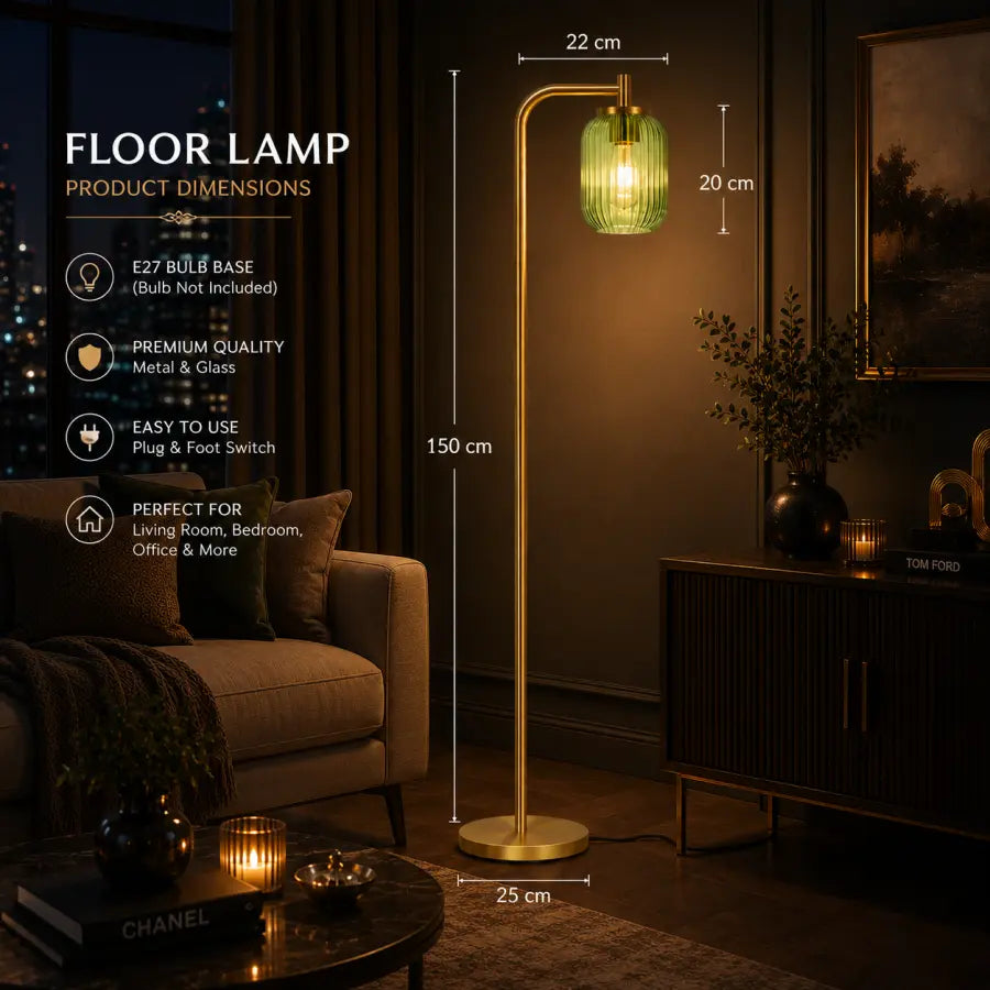 A floor lamp shown in a dimly lit living room setting, with overlaid dimension labels showing 150 cm height, 22 cm top width, 20 cm shade width, and 25 cm base diameter. Text on the left lists product features and dimensions.