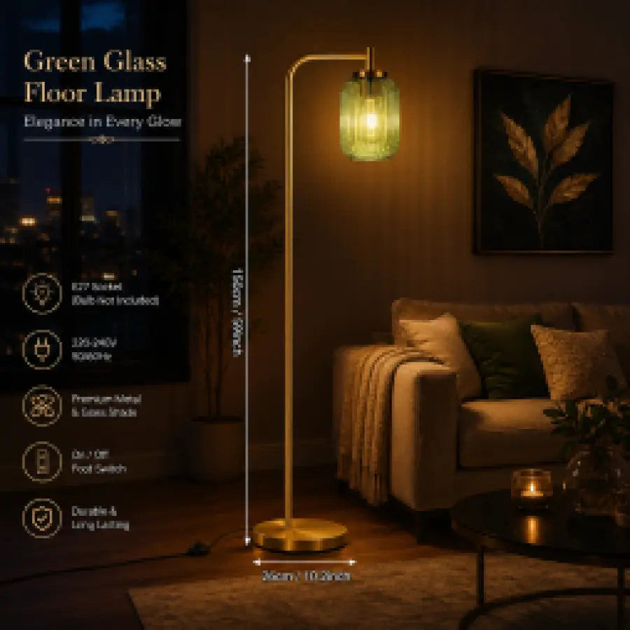 A green-tinted glass floor lamp with a gold metal stand and curved neck, shown lit in a cozy living room setting. The image includes text overlays detailing the lamp's dimensions (130cm / 52.