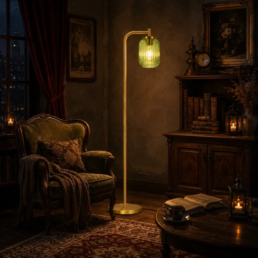 A vintage-style floor lamp with a gold-finished metal frame and a ribbed green glass shade glowing with warm light, placed in a dark, atmospheric room next to an antique armchair and wooden cabinet.