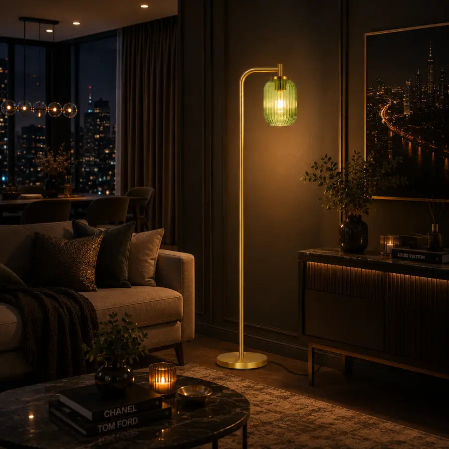 A modern floor lamp with a slim gold metal stand and a textured green glass shade glowing with warm light, placed in a stylishly decorated living room next to a sofa and console table.