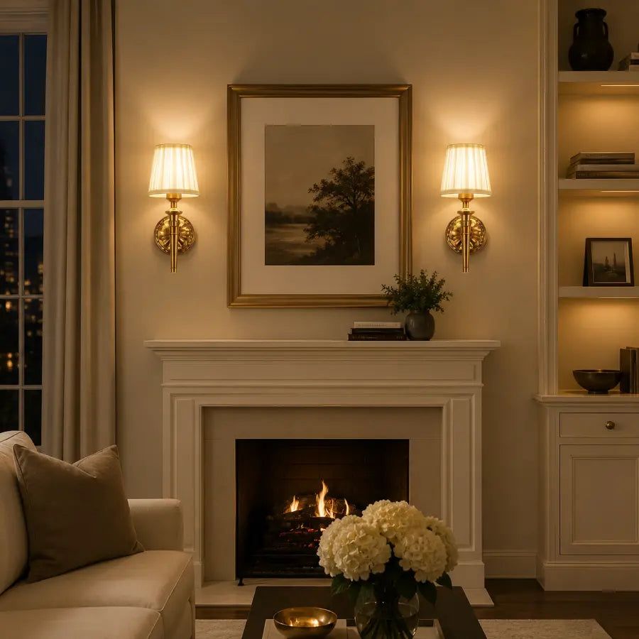 A cozy living room scene centered on a white fireplace mantel with a lit fire, flanked by two gold wall sconces and a framed landscape print above. A beige sofa is visible on the left, and built-in shelves with books and decor appear on the right.