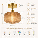A semi-flush mount ceiling light fixture with a textured, faceted glass shade in a warm gold/bronze finish, shown with dimension labels and product specifications on a light beige background. The image includes bulb base measurements, wattage, voltage, material, and installation details, along with compatible bulb types at the bottom.