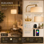A gold floor lamp with a cylindrical drum shade in a warm beige shade, shown in a styled living room setting alongside informational panels detailing its features like smart control, stepless dimming, and premium materials.