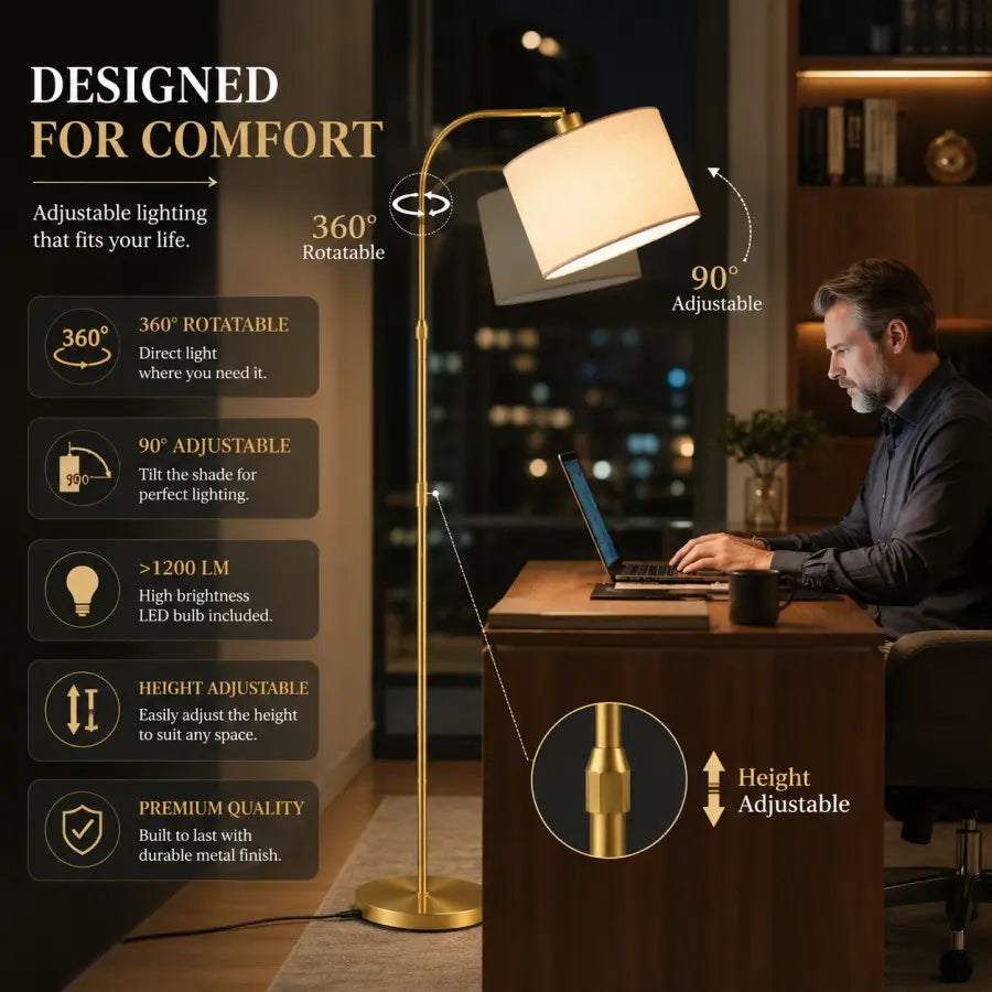 A gold adjustable floor lamp with a white drum shade is shown in a home office setting next to a man working at a desk. The image includes text overlays highlighting the lamp's features: 360° rotatable, 90° adjustable shade, adjustable height, and high brightness LED lighting.
