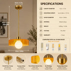 A brass and amber glass pendant light fixture shown with product dimensions, specifications, bulb compatibility, and close-up detail circles on a beige background.