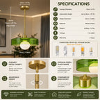 A product infographic for a modern pendant light fixture. The left side shows the lamp in a warm interior setting with dimension labels for canopy diameter, adjustable height, and shade diameter.