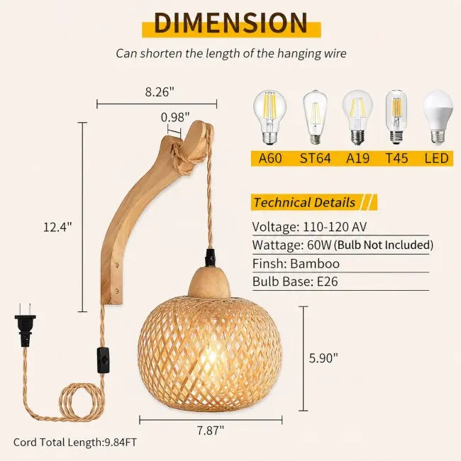 A dimension diagram of a bamboo wall-hanging pendant light with a woven spherical shade, showing measurements, a power plug, and technical details on a light beige background.