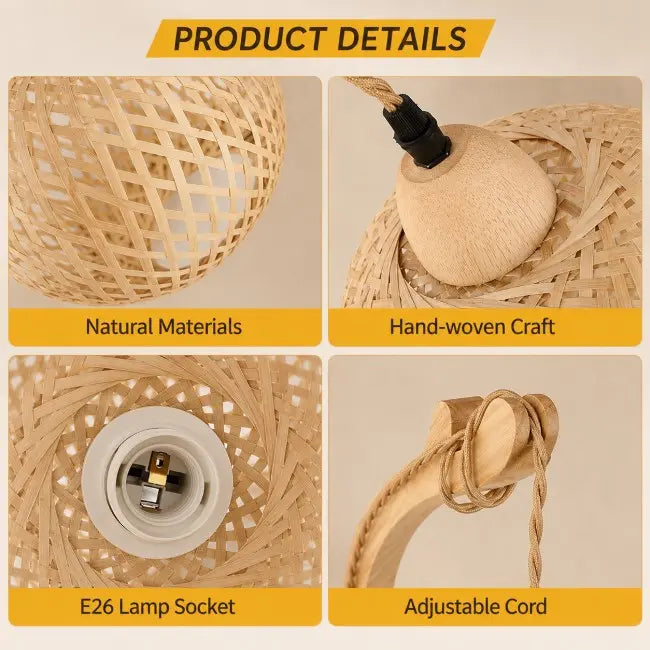 Product details collage showing a woven natural rattan lamp shade and lamp hardware. Four panels with labels read 'Natural Materials,' 'Hand-woven Craft,' 'E26 Lamp Socket,' and 'Adjustable Cord,' under a 'PRODUCT DETAILS' header.