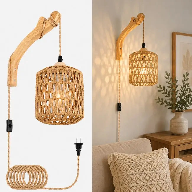 A wall-mounted woven pendant light with a natural wood curved arm, shown both isolated on a white background and installed in a living room setting beside a sofa and side table.