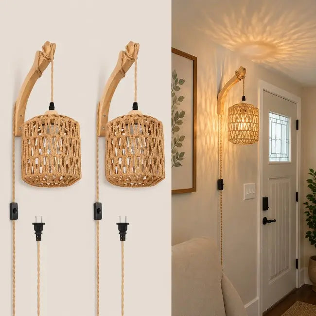 Two wall-mounted woven pendant lights with curved wooden arms and hanging cords are shown against a plain wall, with a larger inset showing one light installed in a real room and casting warm light on the wall.