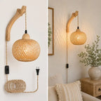A wall-mounted woven rattan pendant lamp with a curved wooden arm, shown in a split view: left as a clean product detail and right in a softly lit living room setting beside a sofa and side table.