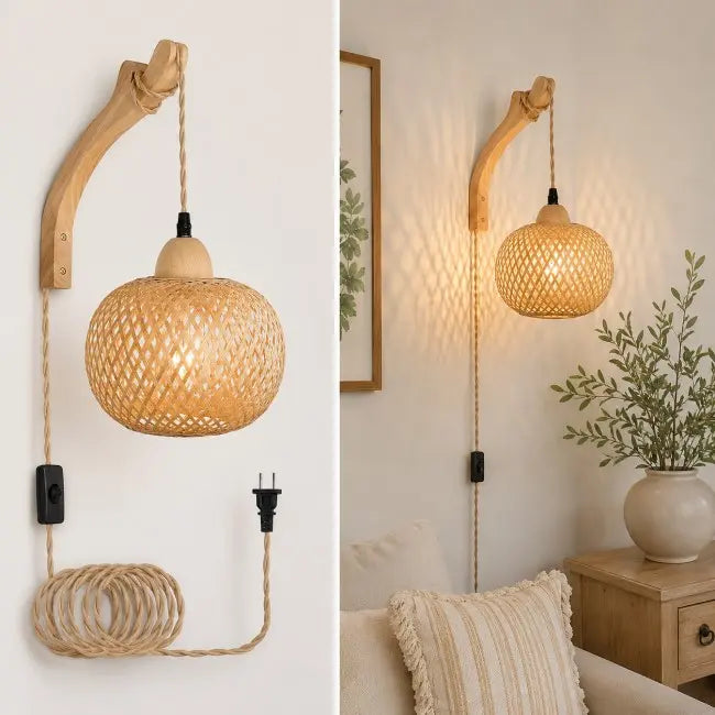A wall-mounted woven rattan pendant lamp with a curved wooden arm, shown in a split view: left as a clean product detail and right in a softly lit living room setting beside a sofa and side table.
