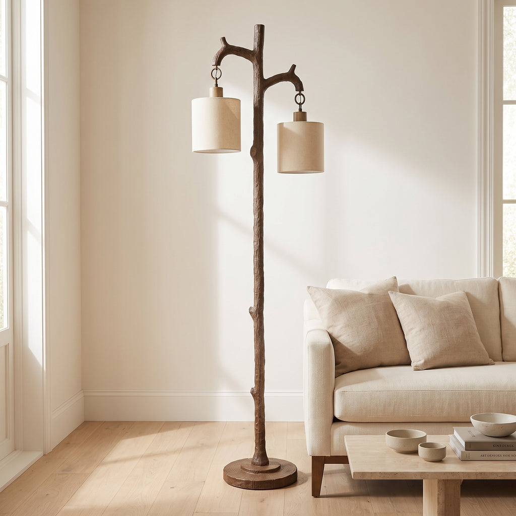 Rustic Farmhouse Floor Lamp with 2 Linen Shades  69 Tree Trunk Standing Lamp for Living Room, Bedroom, Reading Nook & Office