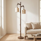 Rustic Farmhouse Floor Lamp with 2 Linen Shades  69 Tree Trunk Standing Lamp for Living Room, Bedroom, Reading Nook & Office