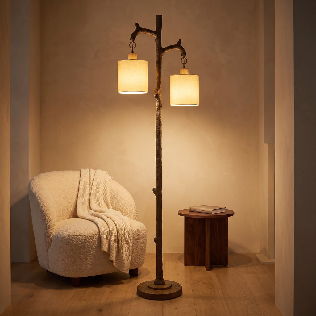 Rustic Farmhouse Floor Lamp with 2 Linen Shades  69 Tree Trunk Standing Lamp for Living Room, Bedroom, Reading Nook & Office