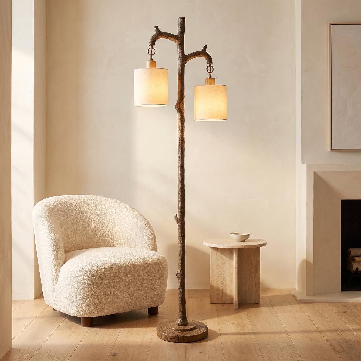 Rustic Farmhouse Floor Lamp with 2 Linen Shades  69 Tree Trunk Standing Lamp for Living Room, Bedroom, Reading Nook & Office