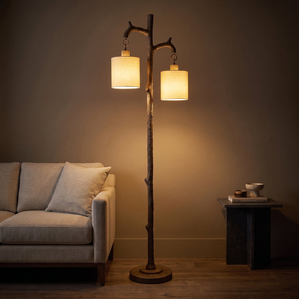 Rustic Farmhouse Floor Lamp with 2 Linen Shades  69 Tree Trunk Standing Lamp for Living Room, Bedroom, Reading Nook & Office