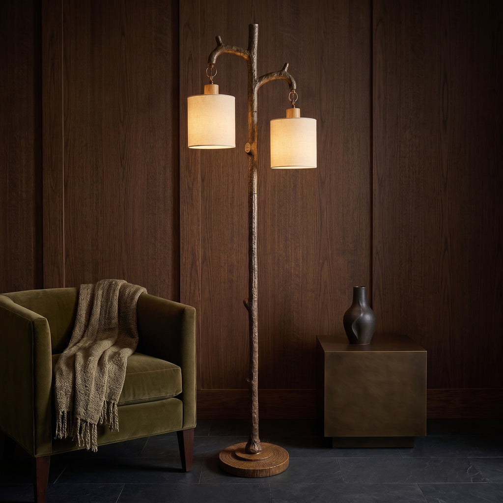 Rustic Farmhouse Floor Lamp with 2 Linen Shades  69 Tree Trunk Standing Lamp for Living Room, Bedroom, Reading Nook & Office