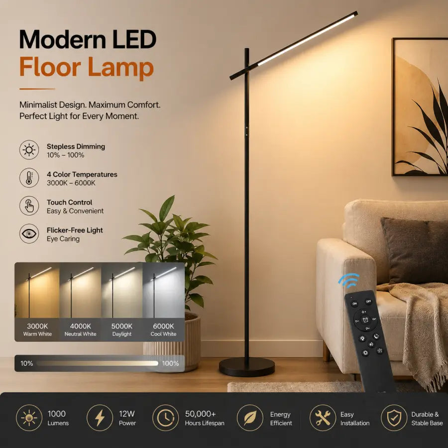 Modern LED floor lamp shown in a living room setting next to a sofa, with product features and remote control displayed on the image.