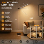A 360-degree rotating floor lamp with an adjustable head and sleek black stand, shown in a modern living room setting. The image includes text overlays detailing the lamp's features, such as 360-degree rotation, adjustable lighting angle, 67-inch height, and 9.