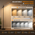 A modern adjustable floor lamp with a long slim arm and black stand, shown lit in a living room setting. The image includes informational text and graphics about adjustable temperatures and brightness levels, with color temperature and brightness level charts overlaid.