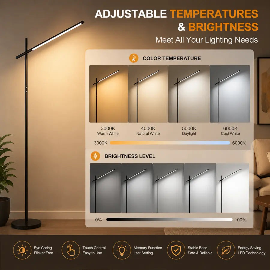 A modern adjustable floor lamp with a long slim arm and black stand, shown lit in a living room setting. The image includes informational text and graphics about adjustable temperatures and brightness levels, with color temperature and brightness level charts overlaid.
