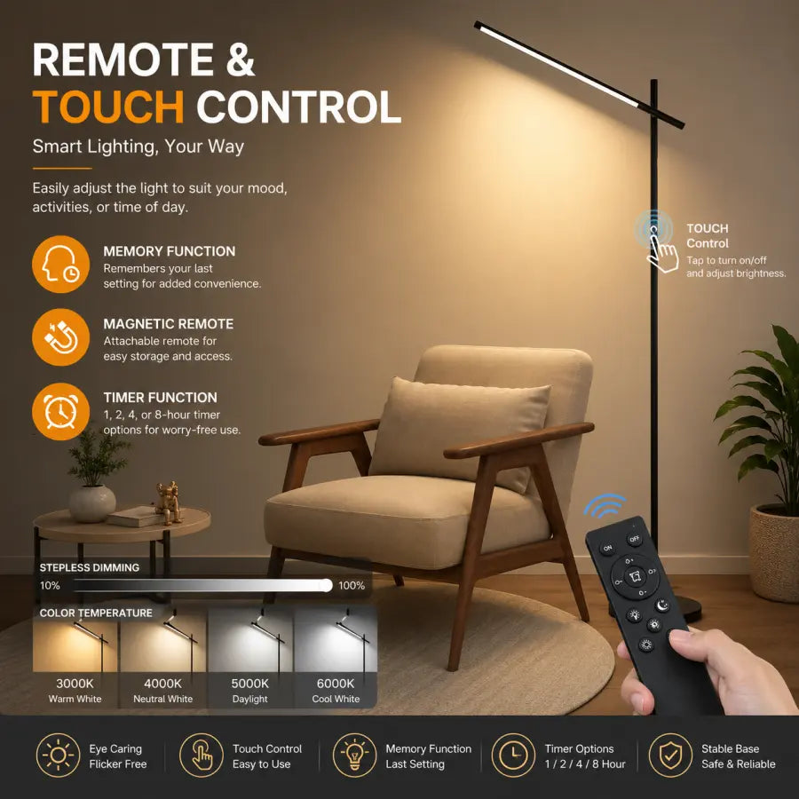 A modern black floor lamp with a slim rectangular light bar and a matching remote control, shown in a styled living room scene with a beige armchair, plant, and wall. The image includes marketing text highlighting touch control, memory function, magnetic remote, timer function, and stepless dimming, plus a color temperature chart and feature icons.