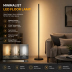 A minimalist black LED floor lamp shown in a styled living room setting next to a sofa, with promotional text and feature icons on the left side. The lamp has a slim pole and round base, emitting a warm yellow light.