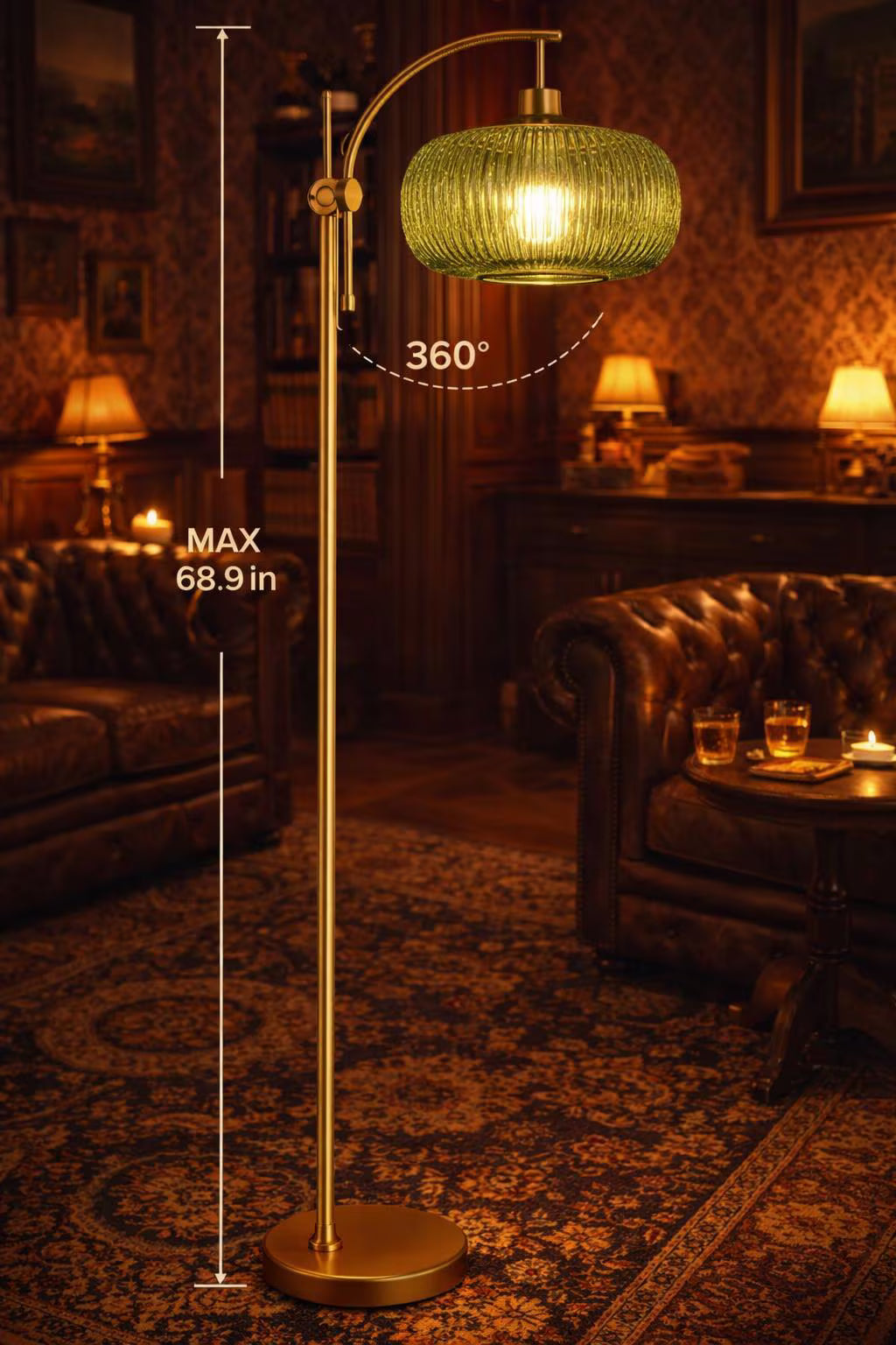 The Verdeluxe Arched Floor Lamp - Emerald Glass & Brass