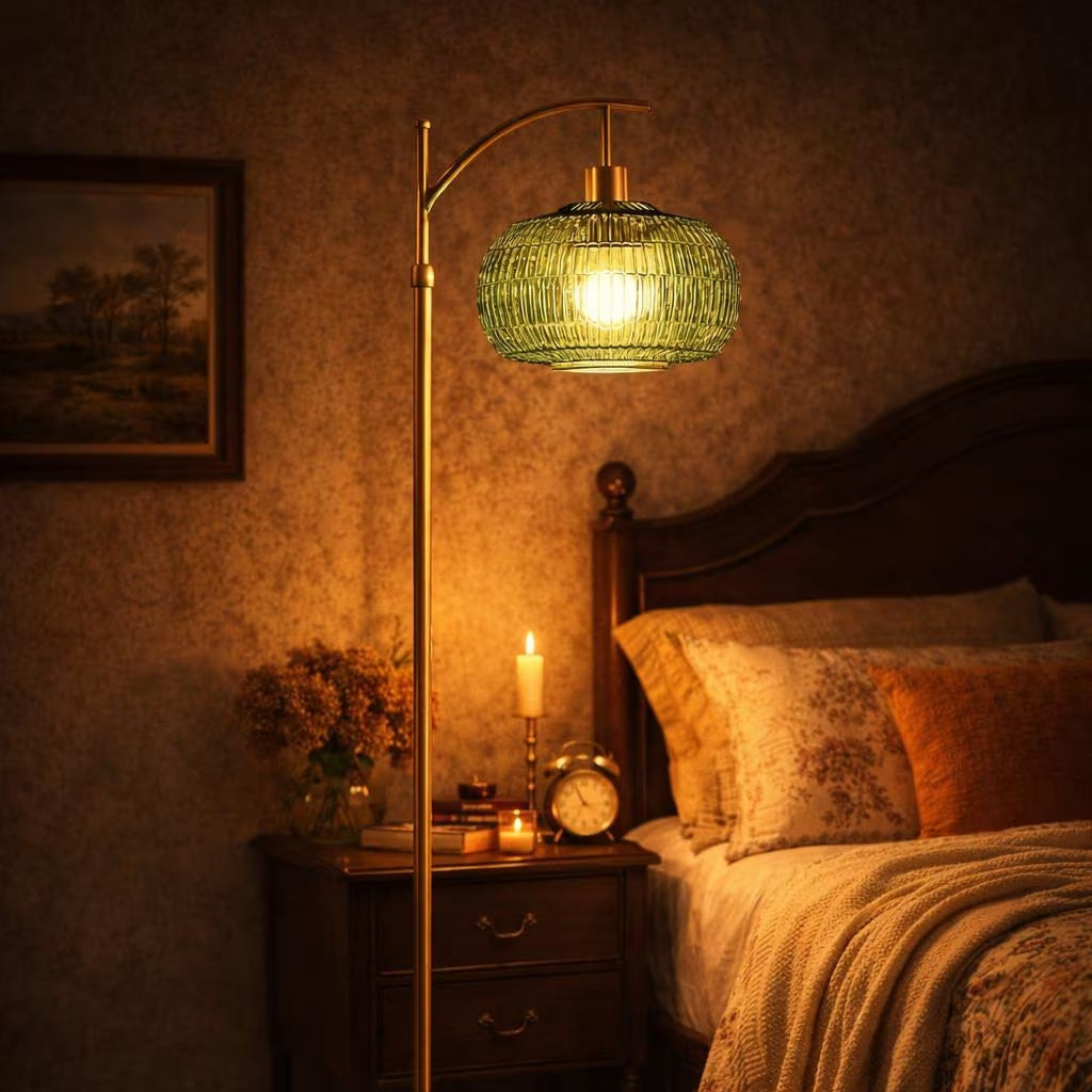 The Verdeluxe Arched Floor Lamp - Emerald Glass & Brass